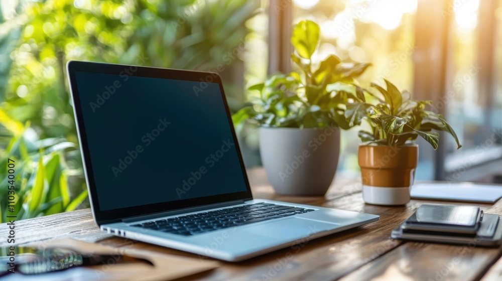 Cozy and Organized Laptop Workspace with Lush Potted Plants in a Minimalist and Tranquil Home Office Setting Inspiring Productivity and Creativity Cozy and Organized Laptop Workspace with Lush Potted Plants in a Minimalist and Tranquil Home Office Setting Inspiring Productivity and Creativity