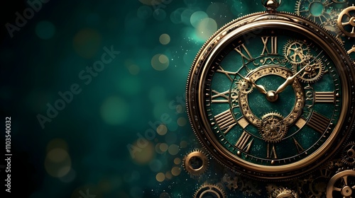 A clock with roman numerals on a green background