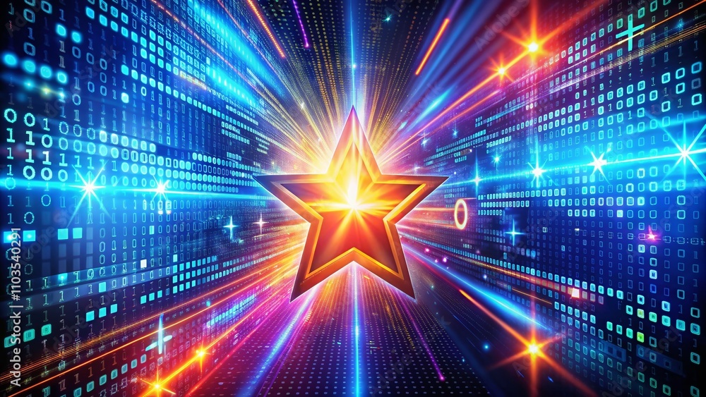 Dynamic Data Stream Star Surrounded by Flowing Data Symbols and Binary Code in a Futuristic Setting with Ample Copy Space for Textual Integration Dynamic Data Stream Star Surrounded by Flowing Data Symbols and Binary Code in a Futuristic Setting with Ample Copy Space for Textual Integration