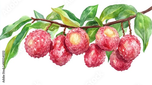 Wallpaper Mural A watercolor illustration of a lychee cluster with vibrant red skins and green leaves. Torontodigital.ca