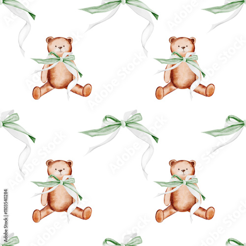 Bear baby pattern watercolor. Watercolor ornament with toys hand drawing. Illustration of a teddy bear with a bow on a white background. Children's design. Ideal for children's textiles, diapers and