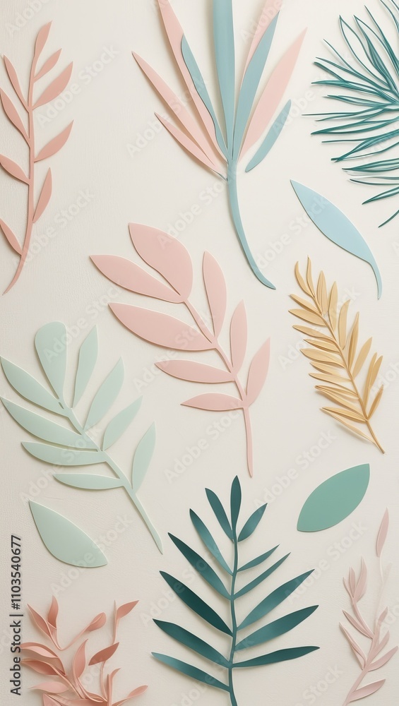 Minimalist abstract background. Green colour leaves with pastel background. Green colour outline leaves. organic abstract shapes and line. Minimalist style. AI generated Minimalist abstract background. Green colour leaves with pastel background. Green colour outline leaves. organic abstract shapes and line. Minimalist style. AI generated
