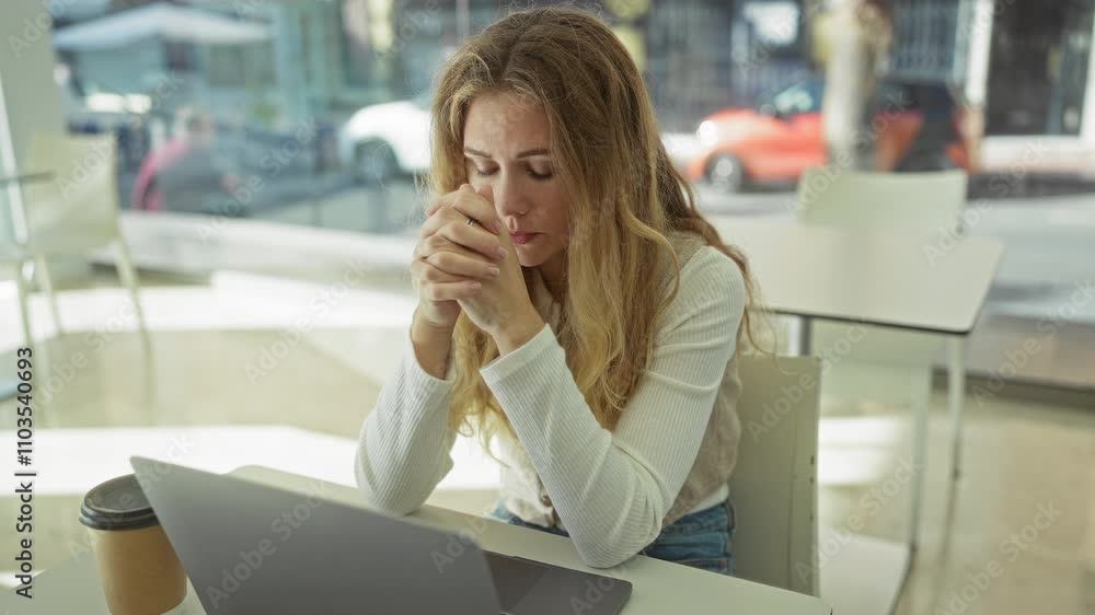 Woman sitting at desk in modern office appearing stressed with hands on face, laptop open on table, natural light, casual attire, visible outside through clear windows. Woman sitting at desk in modern office appearing stressed with hands on face, laptop open on table, natural light, casual attire, visible outside through clear windows.