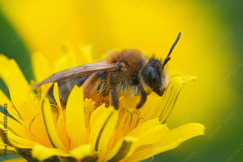 Closeup on a cute female Grey-gastered mining bee, Andrena tibialis in a colorful yellow dandelion Closeup on a cute female Grey-gastered mining bee, Andrena tibialis in a colorful yellow dandelion