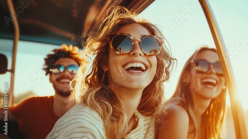 Friends enjoy a joyful sunset ride, smiling and laughing together in a carefree atmosphere