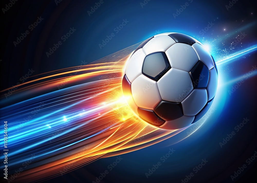 Naklejka premium Dynamic Portrait Photography of a Flying Soccer Ball with Motion Lines Representing a Powerful Kick in an Action-Packed Sports Scene for Dynamic Illustrations