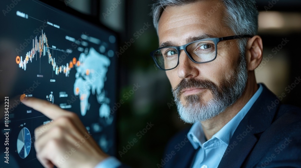 Serious and Focused Middle Aged Corporate Executive Examining Financial Market Trends and Business Analytics on Digital Laptop Display in Modern Office Setting Serious and Focused Middle Aged Corporate Executive Examining Financial Market Trends and Business Analytics on Digital Laptop Display in Modern Office Setting