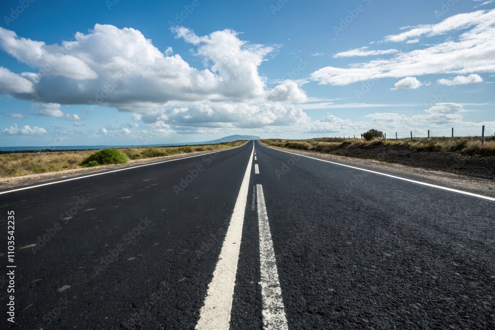 Endless Asphalt Road Stretching to a Distant Horizon Under a Bright Sunny Sky with Fluffy Clouds Endless Asphalt Road Stretching to a Distant Horizon Under a Bright Sunny Sky with Fluffy Clouds