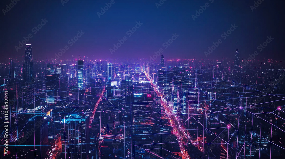 Fototapeta premium Smart City at Night highlighting vibrant application development and the Internet of Things in a gradient grid backdrop
