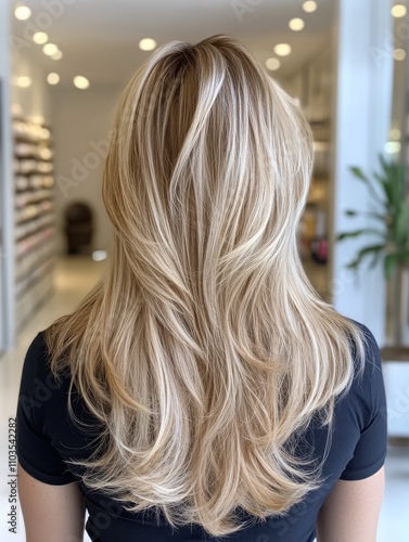 Long Blonde Wavy Hairdo Showcased in Salon Setting - Modern Hairstyling Inspiration