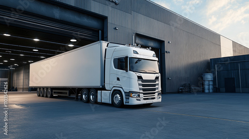 A white semi-trailer truck parked at a warehouse entrance during twilight, with soft reflections on the wet pavement, emphasizing logistics and transport.