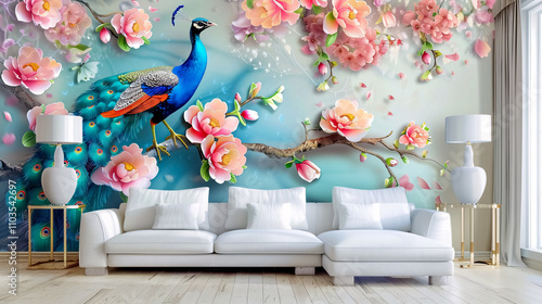 Fototapeta Naklejka Na Ścianę i Meble -  Peacock branch wallpaper with colorful flowers as a 3D mural background.