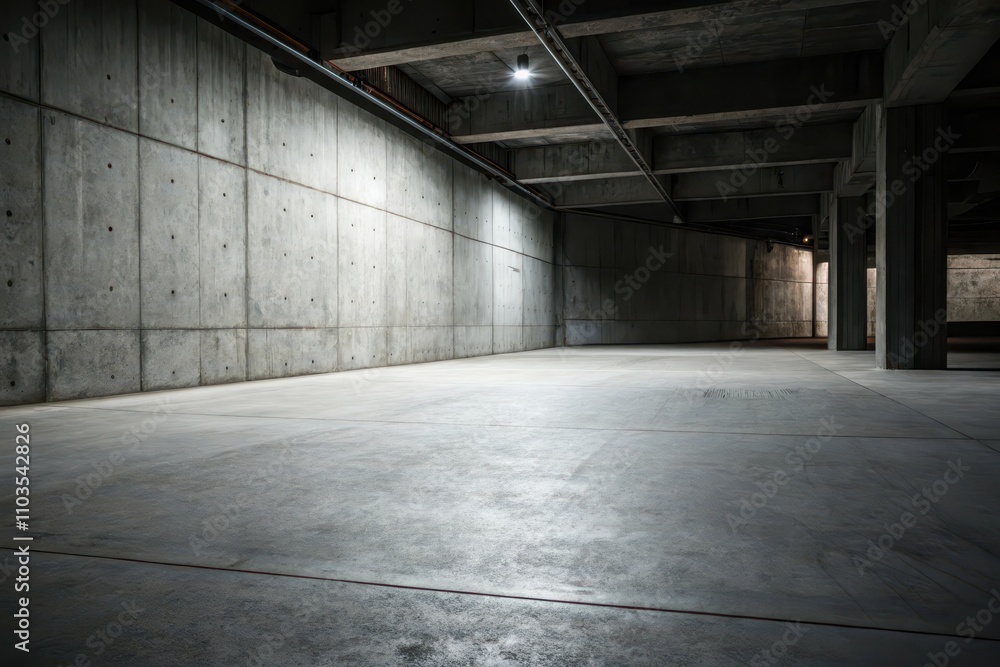A dimly lit, expansive concrete interior space with a smooth floor and visible support columns A dimly lit, expansive concrete interior space with a smooth floor and visible support columns