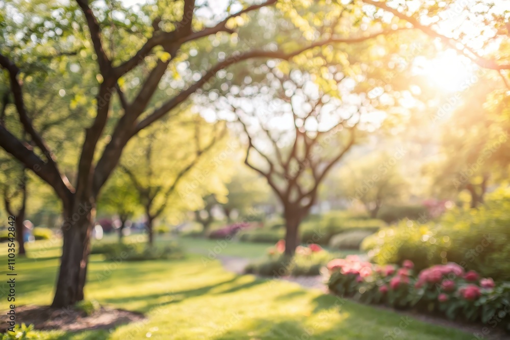 Sunlit Garden Landscape A Dreamy Blur of Trees, Blossoms, and Soft Green Grass Sunlit Garden Landscape A Dreamy Blur of Trees, Blossoms, and Soft Green Grass