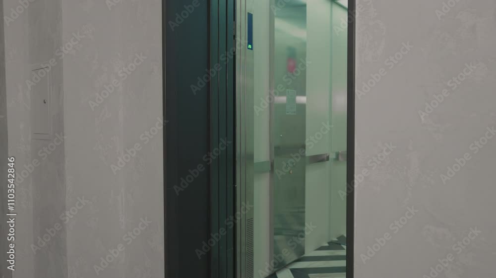 The elevator doors open. Opening the door is an elevator. Metal doors smoothly open and close. Silver new elevator on the 1st floor 4k video. The elevator doors open. Opening the door is an elevator. Metal doors smoothly open and close. Silver new elevator on the 1st floor 4k video.