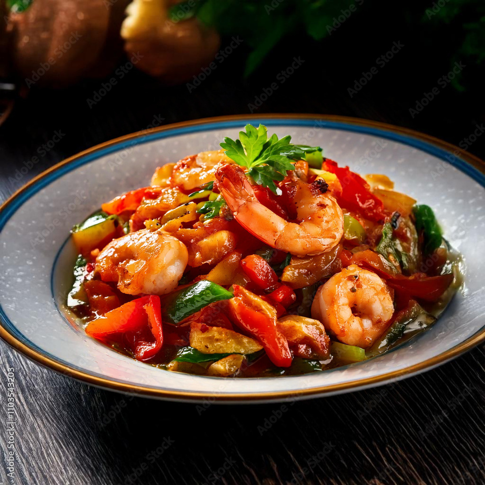 chinese food:chicken, prawn and lap cheong chopped peppers, in plate, chinese food:chicken, prawn and lap cheong chopped peppers, in plate,