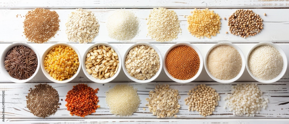 A banner with 14 bowls showcases a variety of grains in two rows: brown grains like farro, red lentils on the left and white grains like rice, quinoa on the right. A banner with 14 bowls showcases a variety of grains in two rows: brown grains like farro, red lentils on the left and white grains like rice, quinoa on the right.