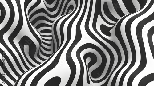 Abstract 3D tunnel rendering with swirling illusion in black and white stripes, creating depth and movement. Evokes varied emotions and ideas, inspiring viewers. photo