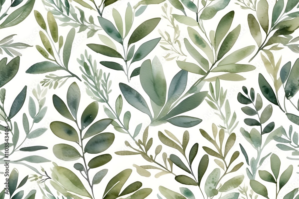Elegant botanical pattern featuring various green leaves on a soft white background Elegant botanical pattern featuring various green leaves on a soft white background