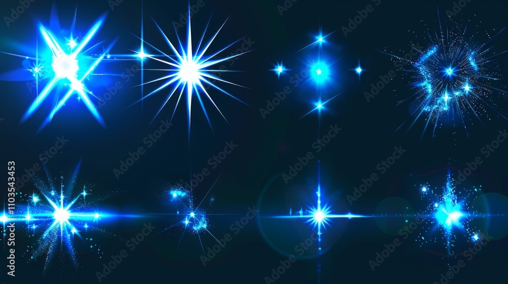 Bright blue and white star-like light effects on a dark background, varying in shape and position. The center is more luminous, with six-point stars and other bursts. Bright blue and white star-like light effects on a dark background, varying in shape and position. The center is more luminous, with six-point stars and other bursts.