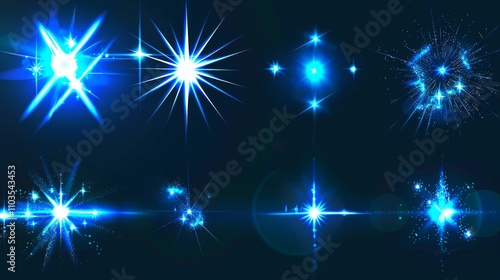 Bright blue and white star-like light effects on a dark background, varying in shape and position. The center is more luminous, with six-point stars and other bursts.