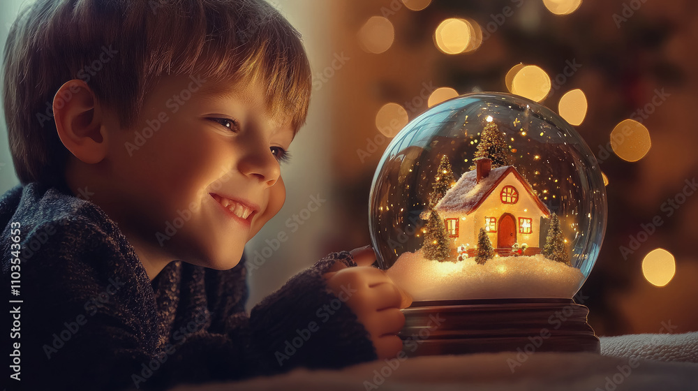 Naklejka premium little boy looking at snow globe with snowy house inside, atmosphere of magic and dream, christmas, new year, holiday background, winter, child, kid