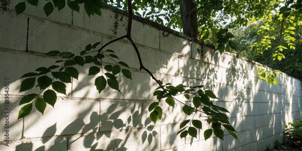 Sunlight Dapples Wall with Leafy Branch Shadows Creating a Serene Outdoor Scene Sunlight Dapples Wall with Leafy Branch Shadows Creating a Serene Outdoor Scene