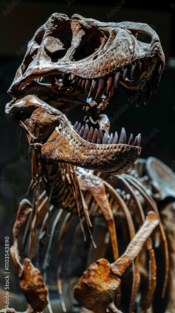 Image of a T-Rex fossil with a detailed skull, teeth, horns, neck, and forelimbs. Dramatic background highlights the predator's iconic features and imposing nature. Image of a T-Rex fossil with a detailed skull, teeth, horns, neck, and forelimbs. Dramatic background highlights the predator's iconic features and imposing nature.