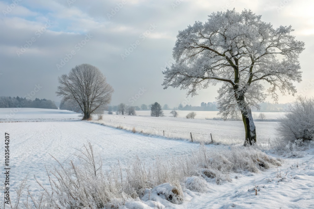 A serene winter landscape, showcasing frost-covered trees and a snow-dusted field under a pale sky A serene winter landscape, showcasing frost-covered trees and a snow-dusted field under a pale sky