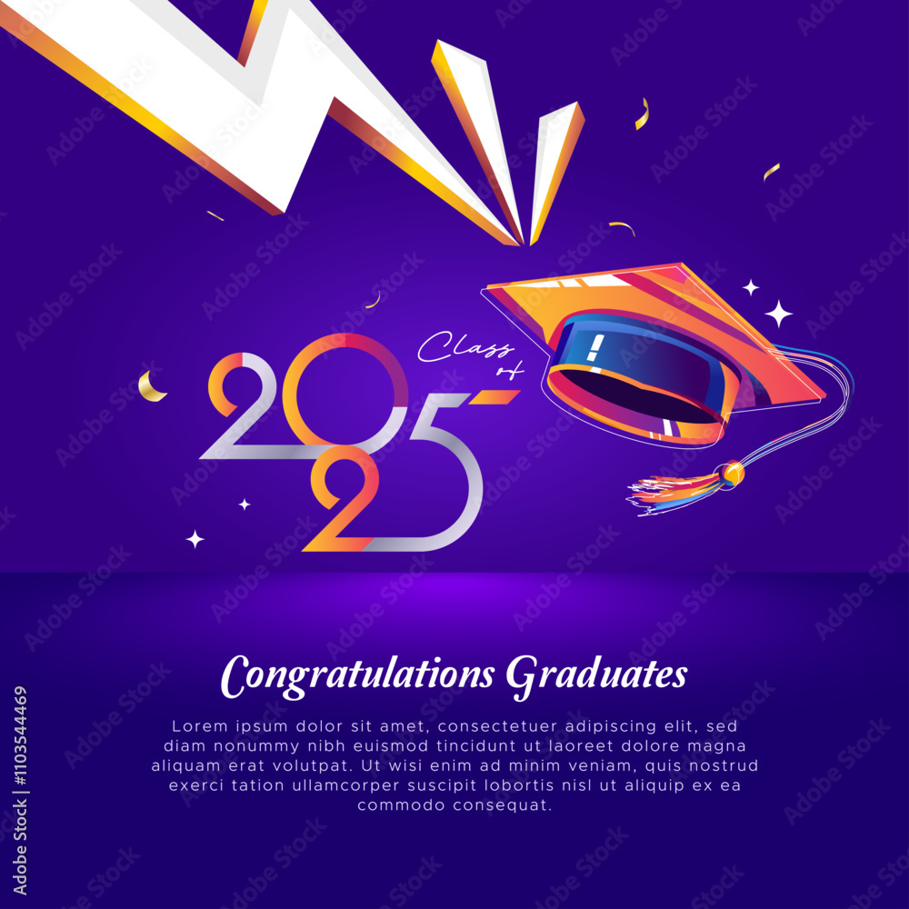 Graduation concept design. Congratulations graduates for the class of 2025. Background is equipped with a hat element as a symbol of graduation. Design congratulates the class of 2025 graduate