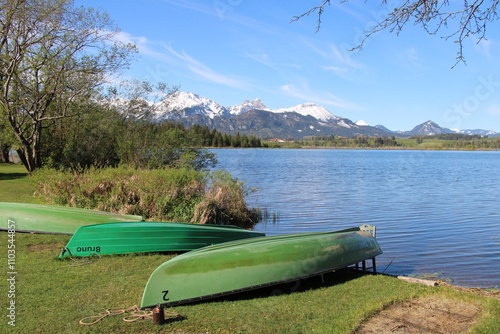 Kayaks, Canoes at the Hopfensee (Hopfen Lake) - Close to Hopfen am See in late springtime photo