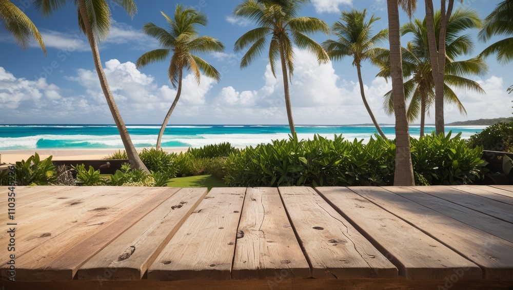 Empty wooden table or pier with sunny beach and sea on background. With copy space for your product Empty wooden table or pier with sunny beach and sea on background. With copy space for your product