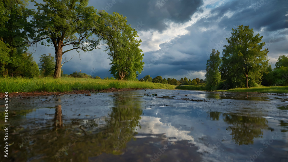 Fototapeta premium scene after rain, clouds, greenery, trees, plants, cloudy, dark clouds, water, nature's beauty, dirty water, mud, rainbow