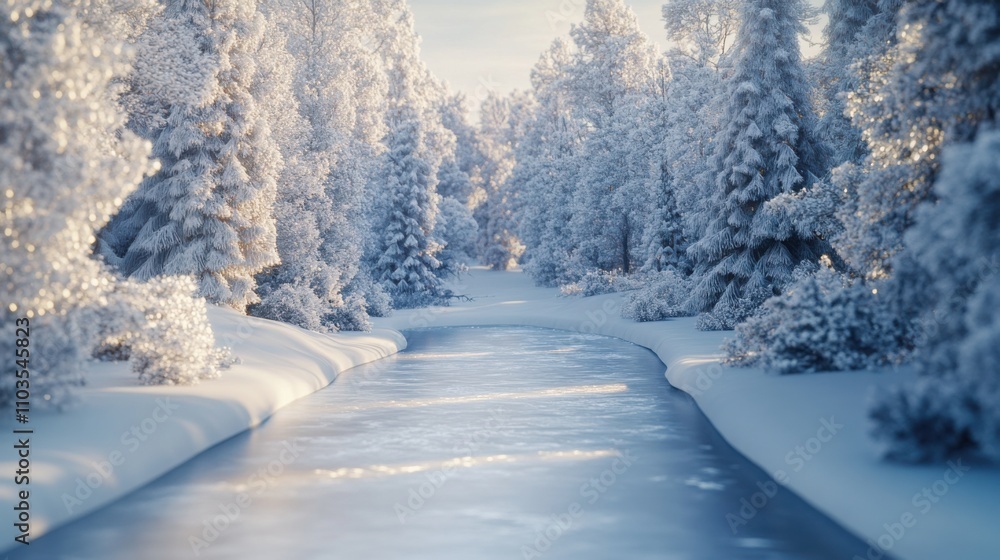 Snow-covered trees lining a frozen river in a winter wonderland scene. Snow-covered trees lining a frozen river in a winter wonderland scene.