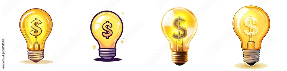 Four light bulbs with dollar signs inside symbolize ideas related to wealth, finance, and innovation, illustrating the concept of money-making strategies. Four light bulbs with dollar signs inside symbolize ideas related to wealth, finance, and innovation, illustrating the concept of money-making strategies.