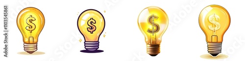 Four light bulbs with dollar signs inside symbolize ideas related to wealth, finance, and innovation, illustrating the concept of money-making strategies.