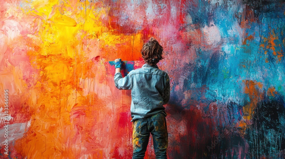 Creative Child Painting a Colorful Abstract Mural on Wall Creative Child Painting a Colorful Abstract Mural on Wall