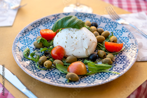 Plate with Italian Bufala mozzarella, tomatoes and olives. Serving in a restaurant