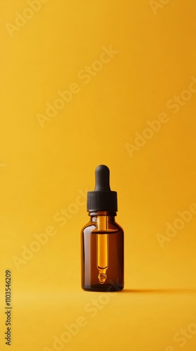 Amber glass dropper bottle with black pipette cap containing face and body care oil, standing on a vibrant yellow background, representing cosmetic products and gender neutral skincare