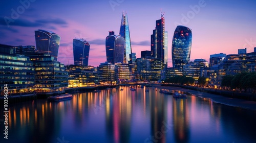 Stunning London Skyline at Dusk with Colorful Reflections in the River Thames