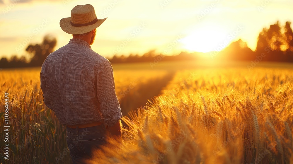 Fototapeta premium Farmer Stands in Golden Wheat Field at Sunset with Warm Light