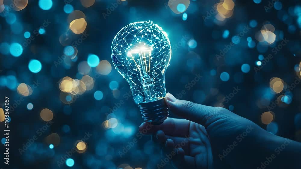 Hand Holding Glowing Light Bulb with Digital Network Pattern: Idea, Innovation, Solution, Creative Thinking