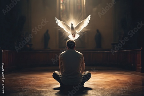 A pious person reads a prayer when the White Dove of the Holy Spirit descends from Above photo