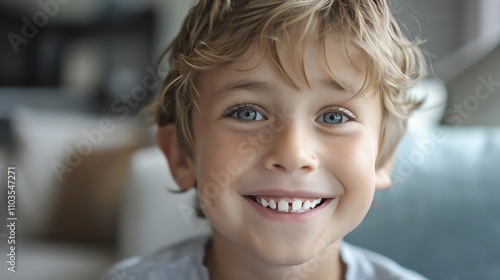 A young boy with curly blonde hair and bright blue eyes smiles broadly at the camera.