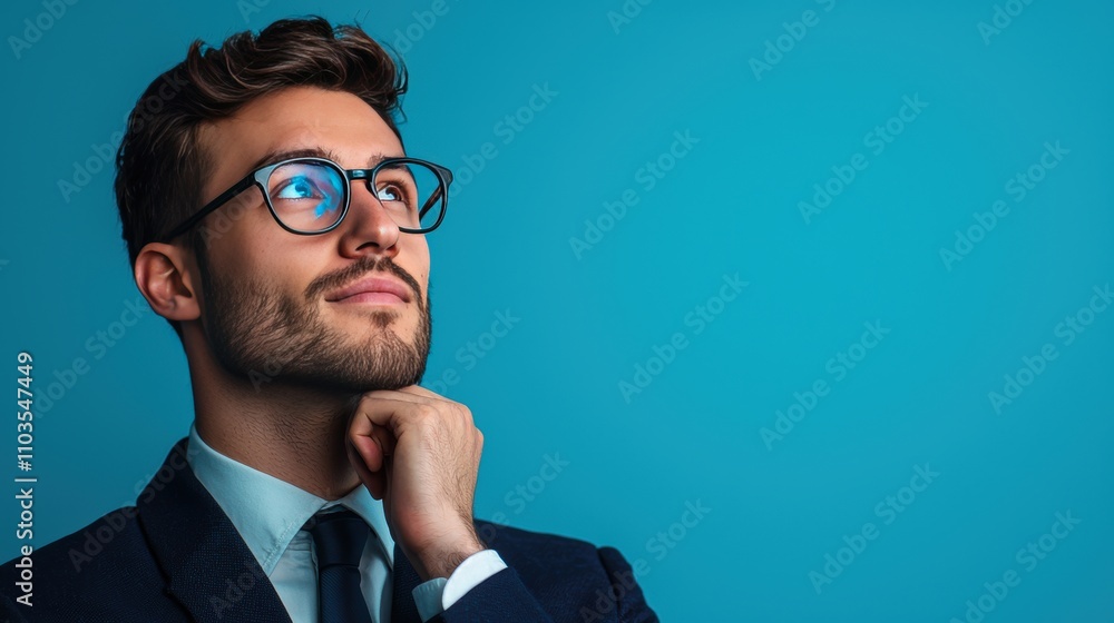 Thoughtful Man in Suit with Glasses Pondering Against Blue Background Thoughtful Man in Suit with Glasses Pondering Against Blue Background