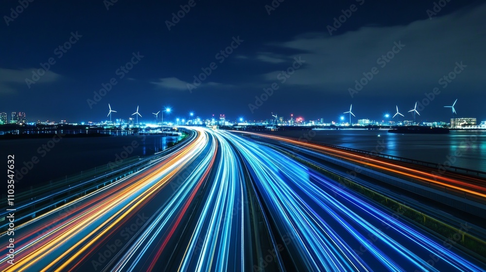 Nighttime long exposure capture of wind turbines creating dynamic light trails for renewable energy Nighttime long exposure capture of wind turbines creating dynamic light trails for renewable energy