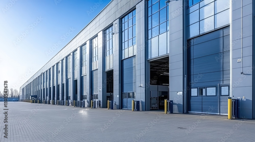 Large industrial warehouse features loading bays and grey cladding, illuminated by a warm sunset against a bright blue sky Large industrial warehouse features loading bays and grey cladding, illuminated by a warm sunset against a bright blue sky