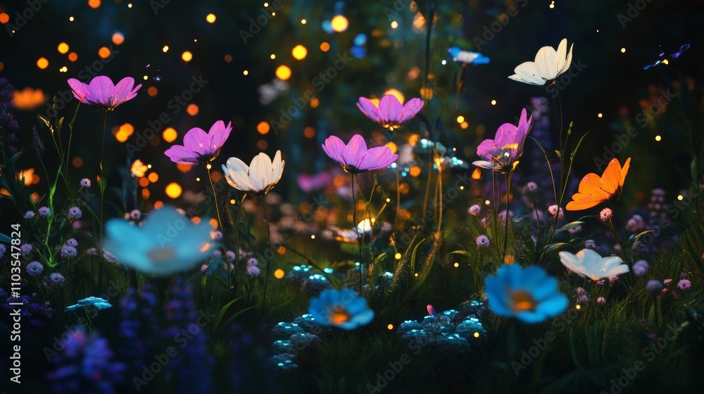 Colorful flowers and butterflies dancing in a magical night garden with glowing lights and a beautiful dreamy atmosphere. Colorful flowers and butterflies dancing in a magical night garden with glowing lights and a beautiful dreamy atmosphere.