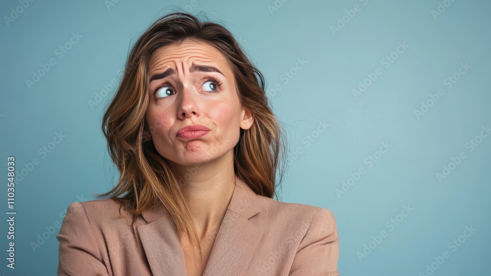 Woman with Sad Expression in Business Attire Against Blue Background Woman with Sad Expression in Business Attire Against Blue Background
