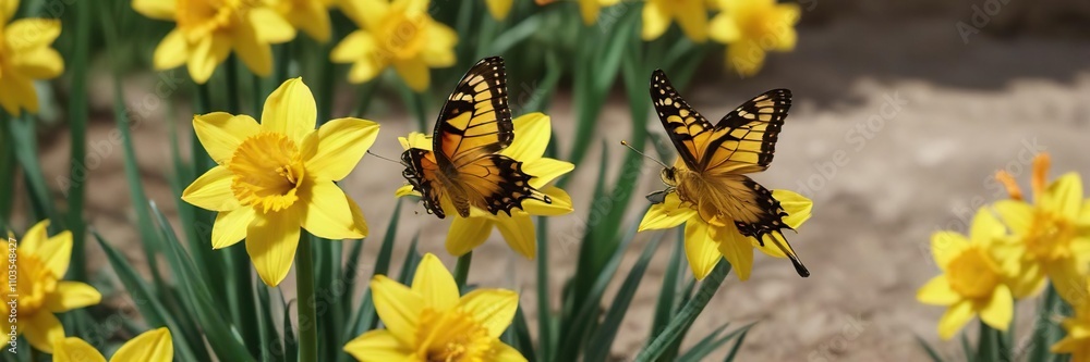 Colorful butterfly on a bright yellow daffodil, nature, happy Colorful butterfly on a bright yellow daffodil, nature, happy